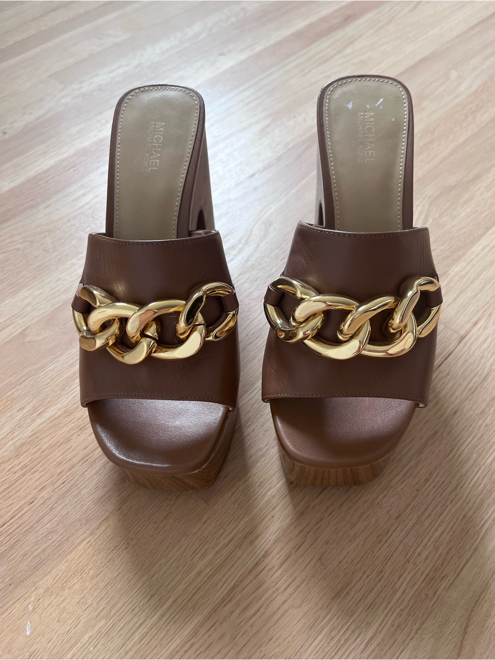 Michael Kors Brown Leather Platform Chain Slide Mules